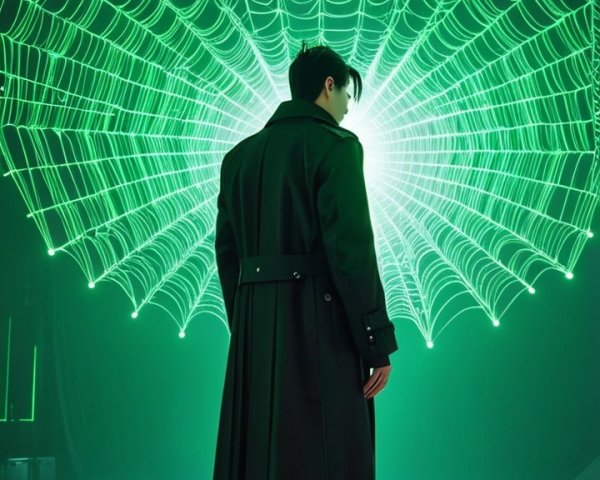 Futuristic Scene with Figure in Green Glow and Web Design