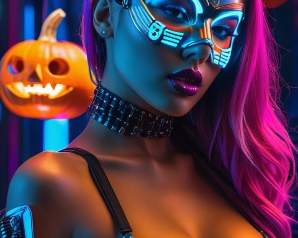 Futuristic Figure with Pink Hair in Neon Halloween Scene