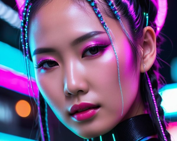 Futuristic Asian Woman with Neon Lights and Makeup