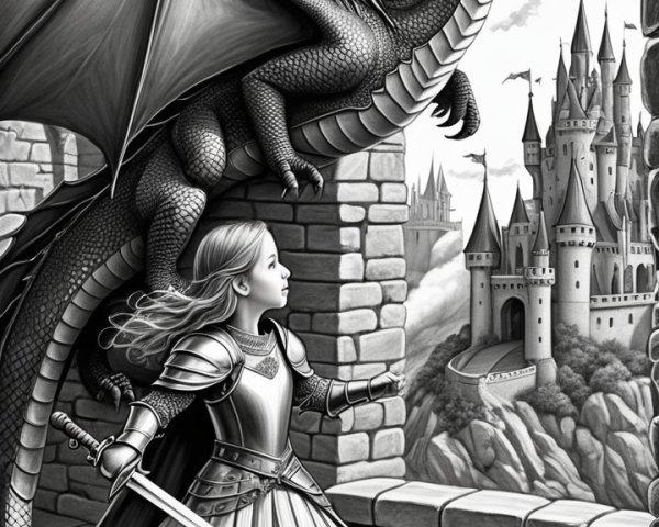 Young warrior with sword and dragon in black and white