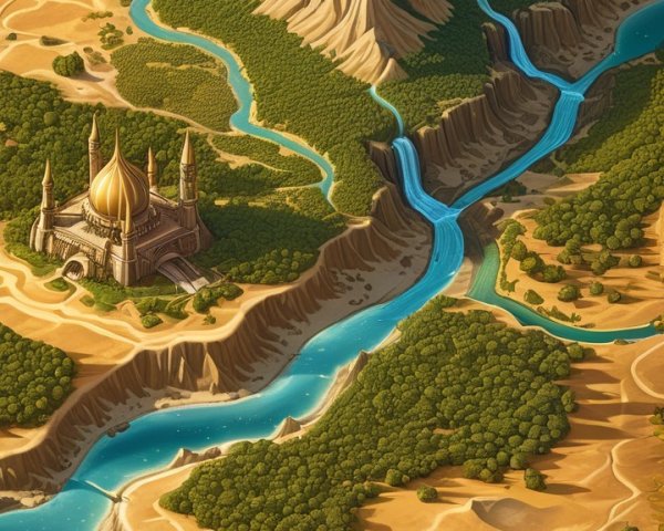 Majestic Mountain Landscape with Royal Palace and Rivers