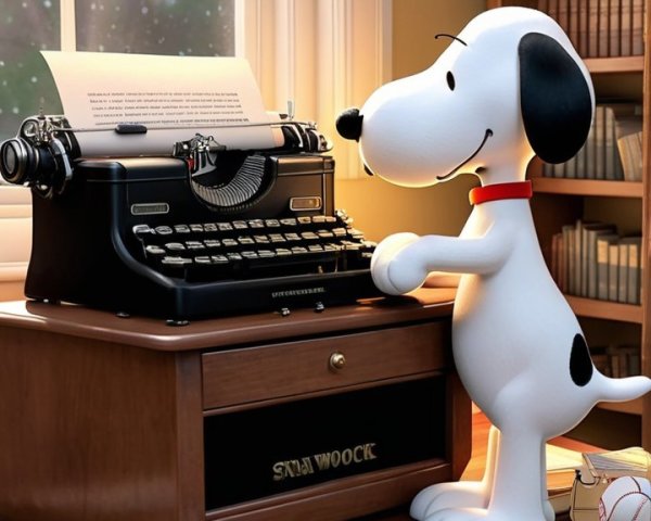 Cartoon Dog Typing at Vintage Typewriter in Cozy Room