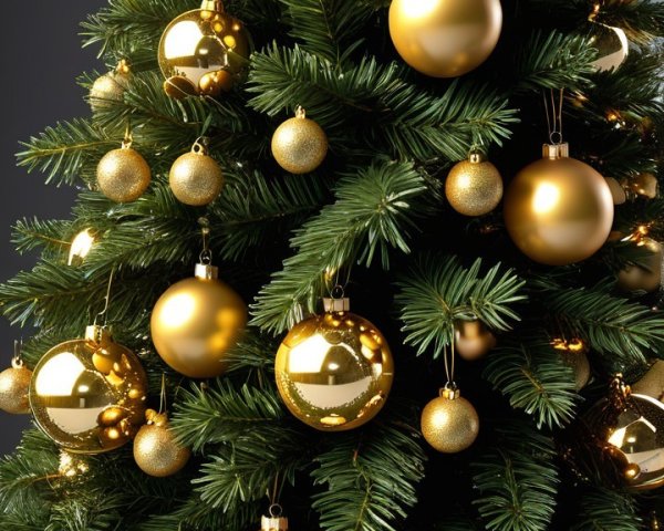 Close-up of a Christmas tree with gold ornaments