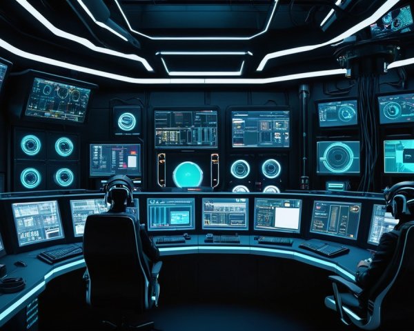 Futuristic control room with high-tech monitors and operators