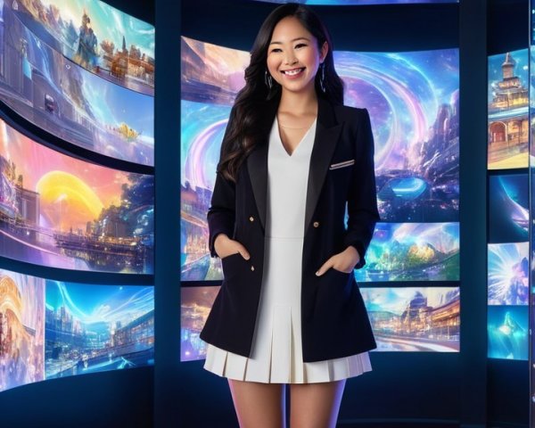 Young Woman in Black Blazer Against Digital Screens