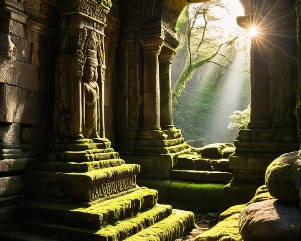 Ancient stone ruins with intricate carvings and greenery