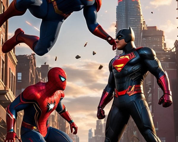 war-torn city featuring superhero variations and poses