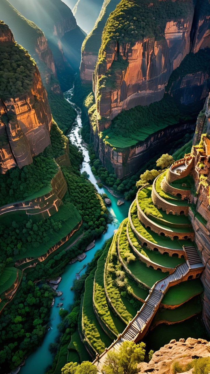 Aerial View of Lush Cliffs and Winding River Landscape