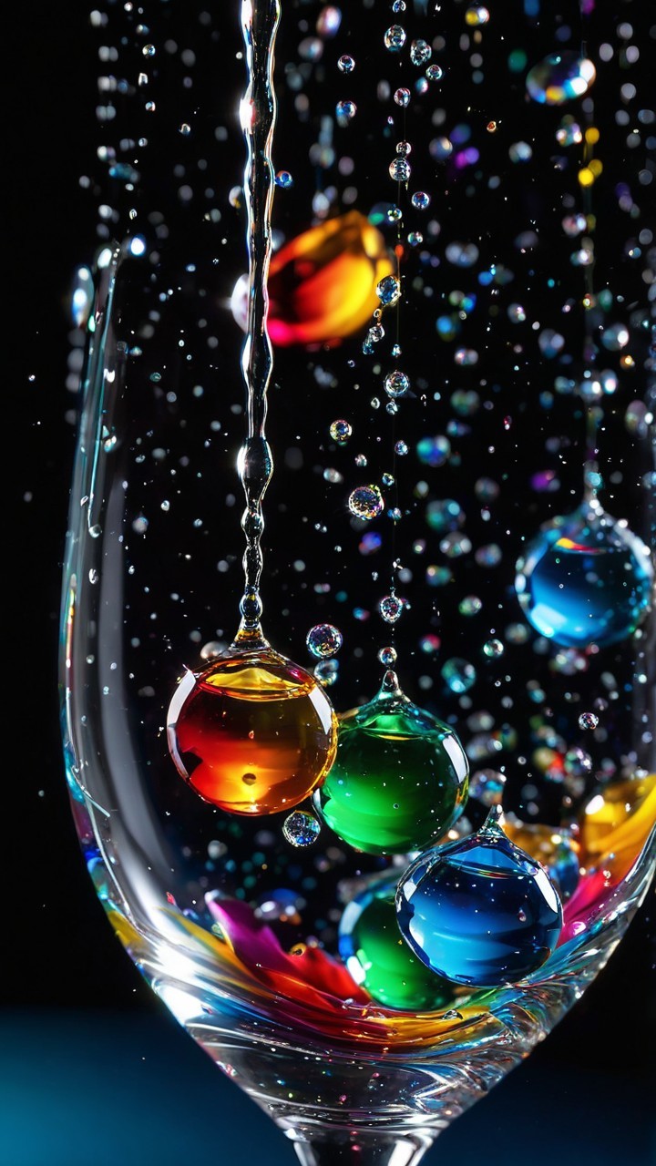 Close-up of Colorful Droplets in Glass with Water Flow