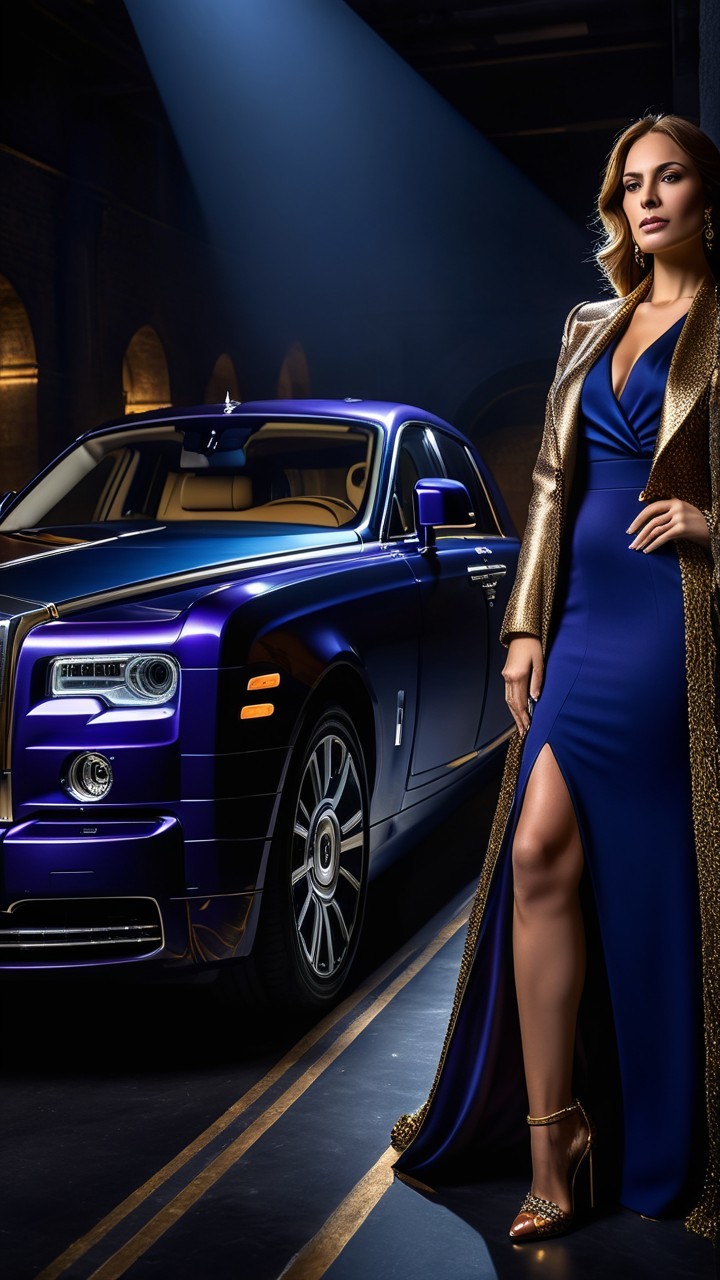 Glamorous Woman in Blue Gown by Luxury Rolls-Royce