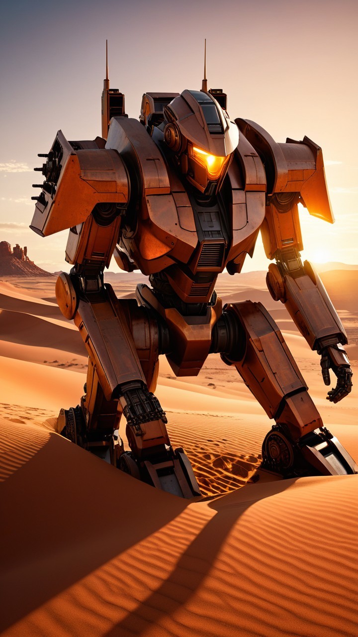Robotic Figure in Desert Landscape at Sunset