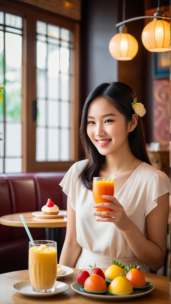 Young woman in café with colorful drinks and decor