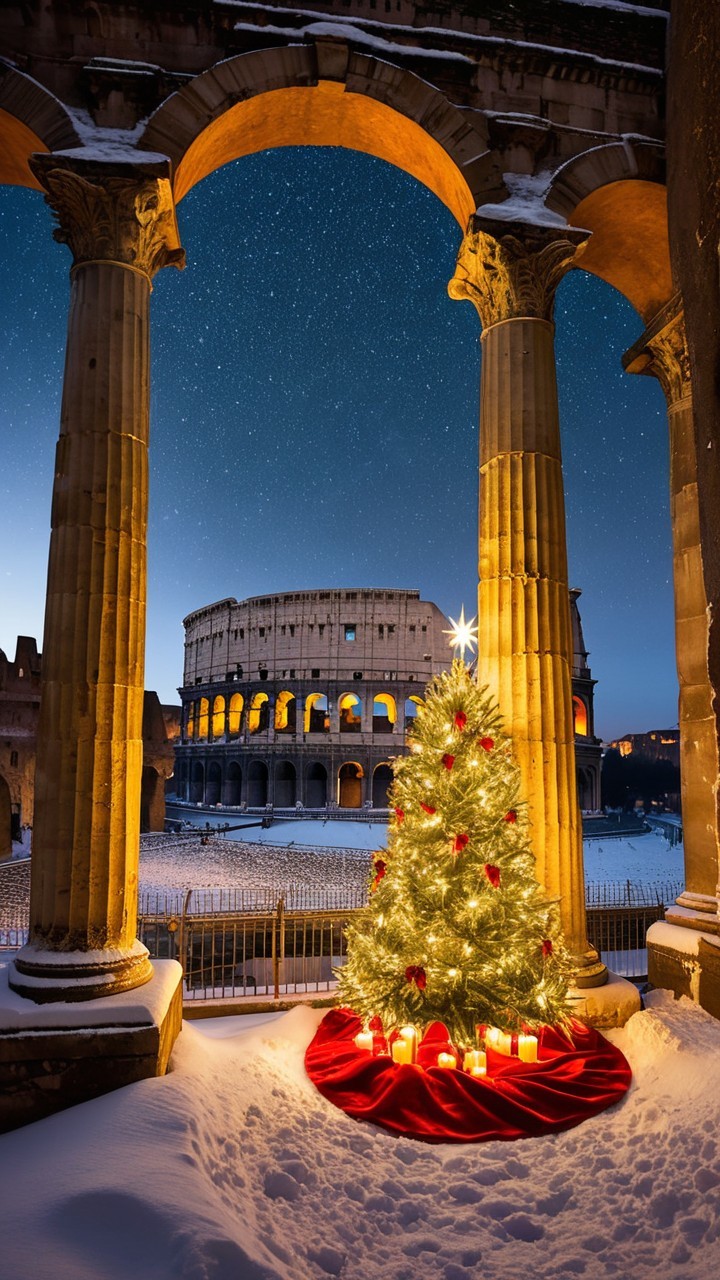 Christmas Tree and Colosseum in Snowy Night Scene