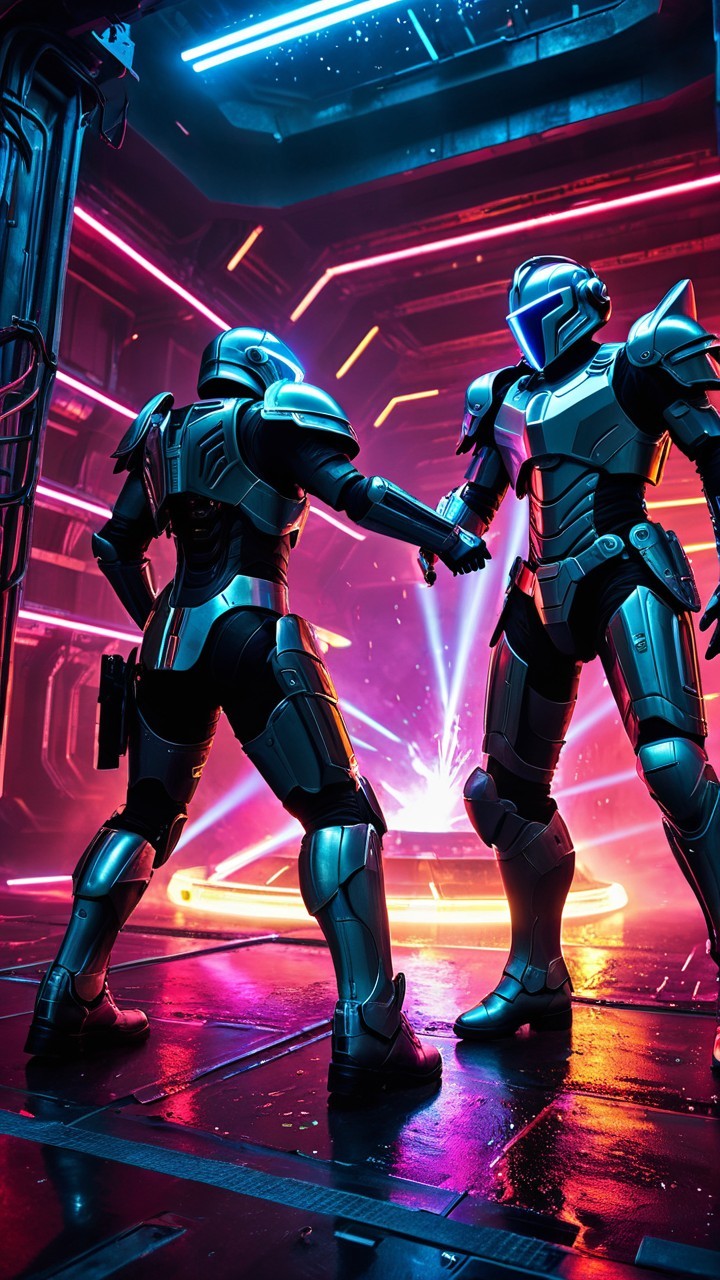 Futuristic Scene with Armored Figures and Neon Lights