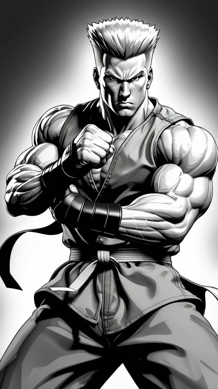 Muscular Martial Artist in Grayscale with Intense Stance