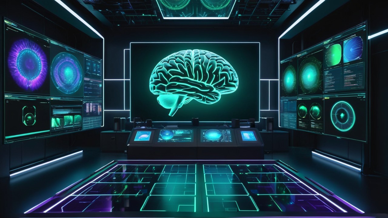 Futuristic Control Room with High-Tech Displays and Graphics