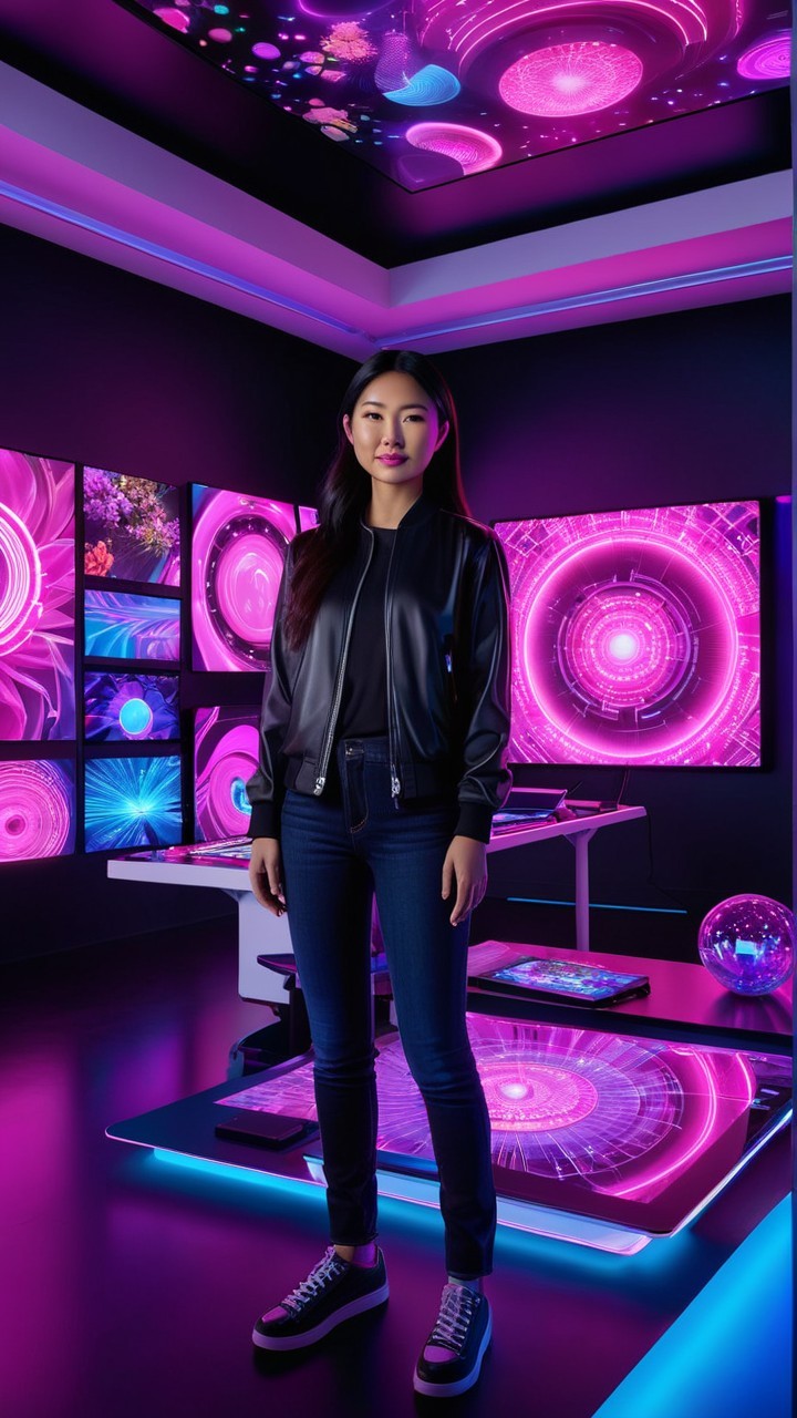 Young Woman in Futuristic Room with Colorful Screens