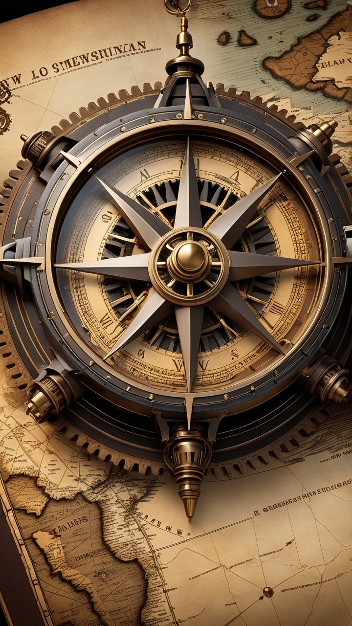 Ornate Compass on Vintage Map with Intricate Details