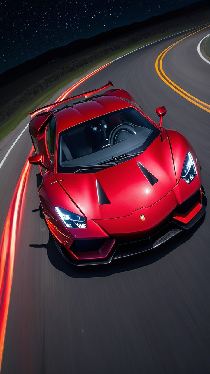 Red Supercar in Motion on Winding Night Road