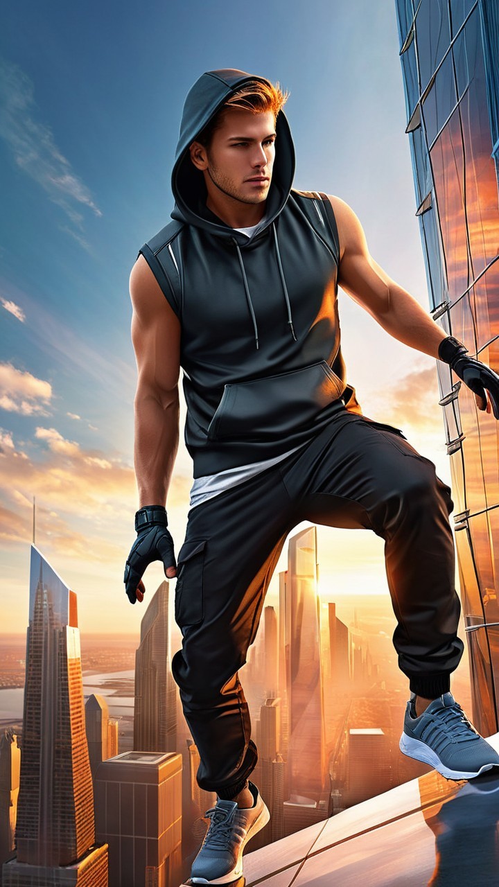 Muscular Young Man on Skyscraper at Sunset