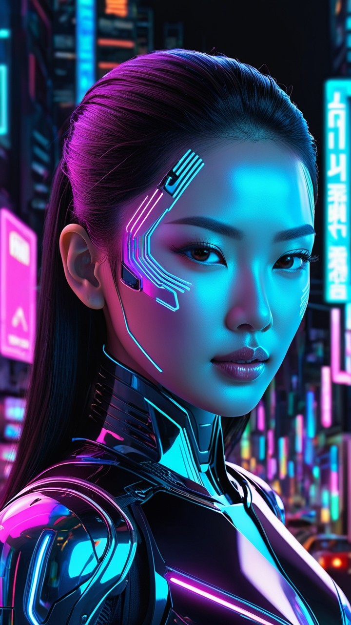 Futuristic Female Figure in Neon Cyberpunk Setting
