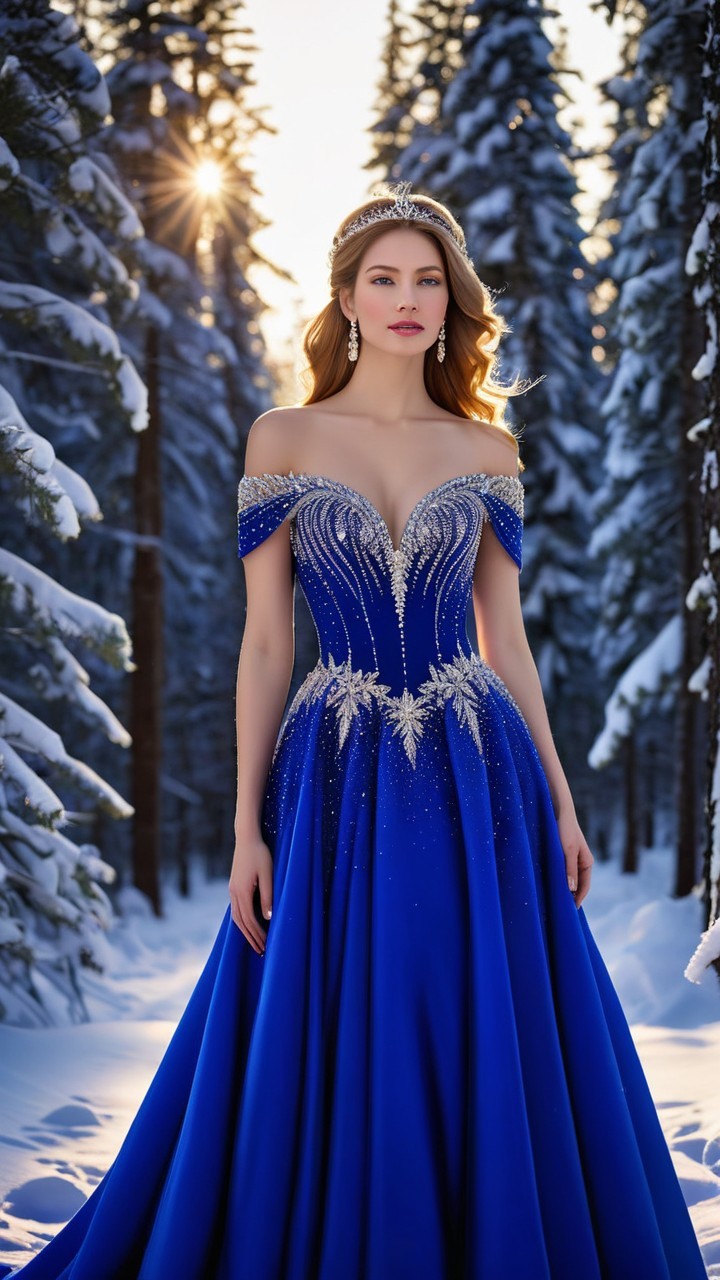 Model in Blue Gown in Snowy Forest Setting