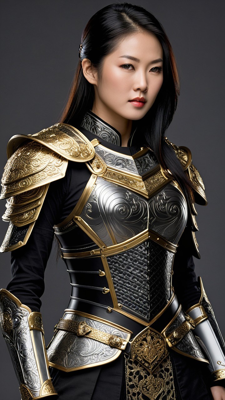 Close-Up of Young Woman in Ornate Medieval Armor