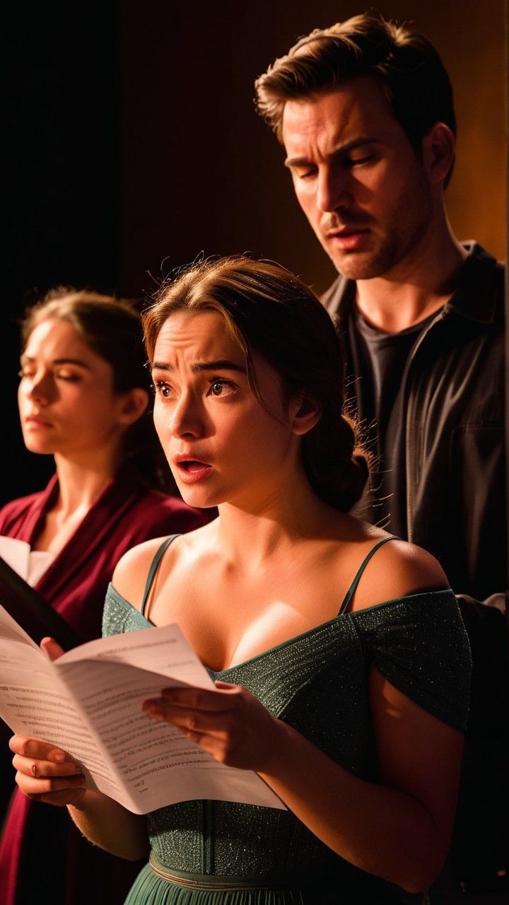 Performers Rehearsing in Green and Burgundy Attire