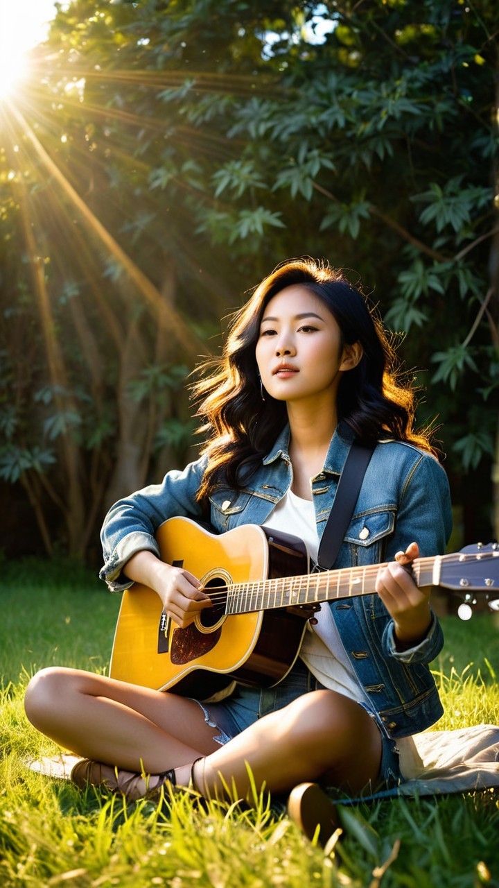 Young woman playing acoustic guitar in a sunny setting