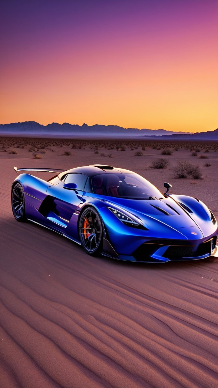 Futuristic hypercar in blue and purple sunset setting