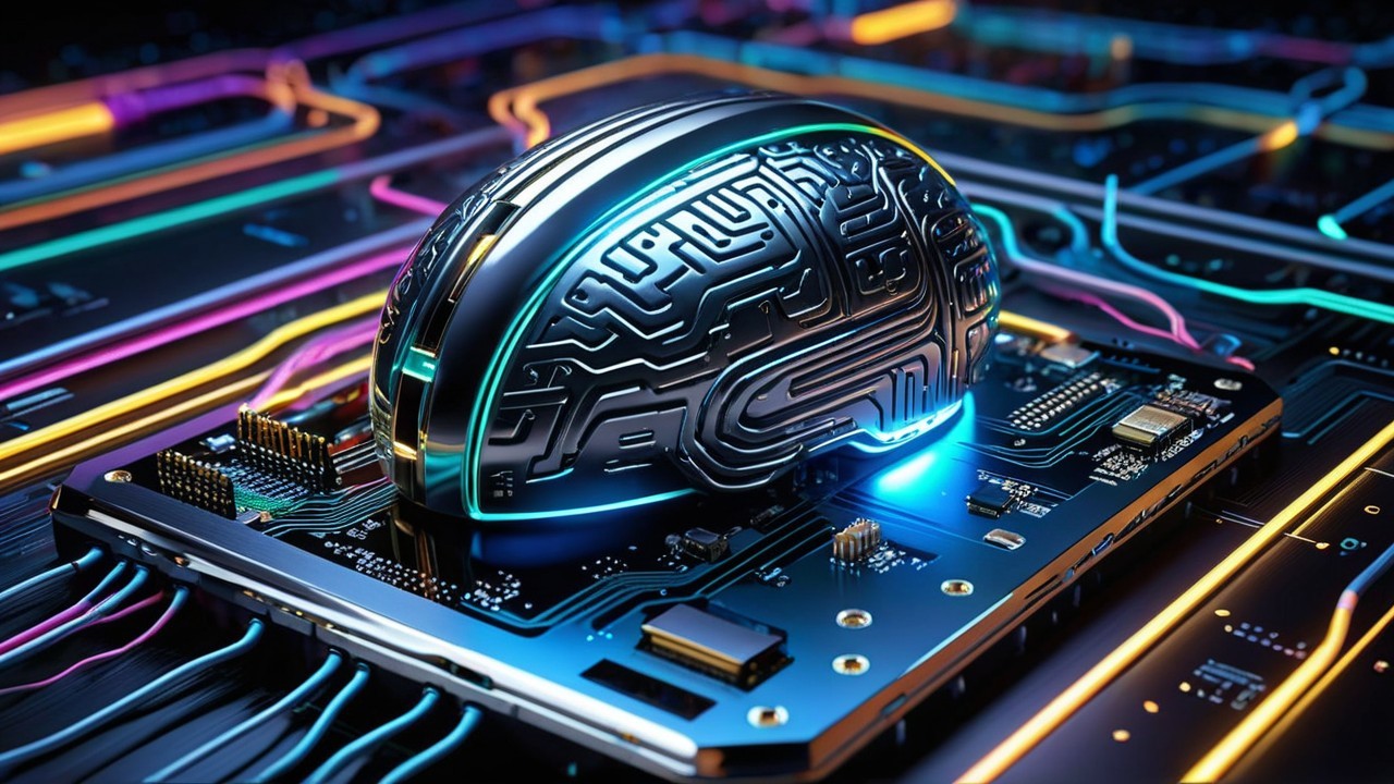 Futuristic Metallic Brain on High-Tech Circuit Board