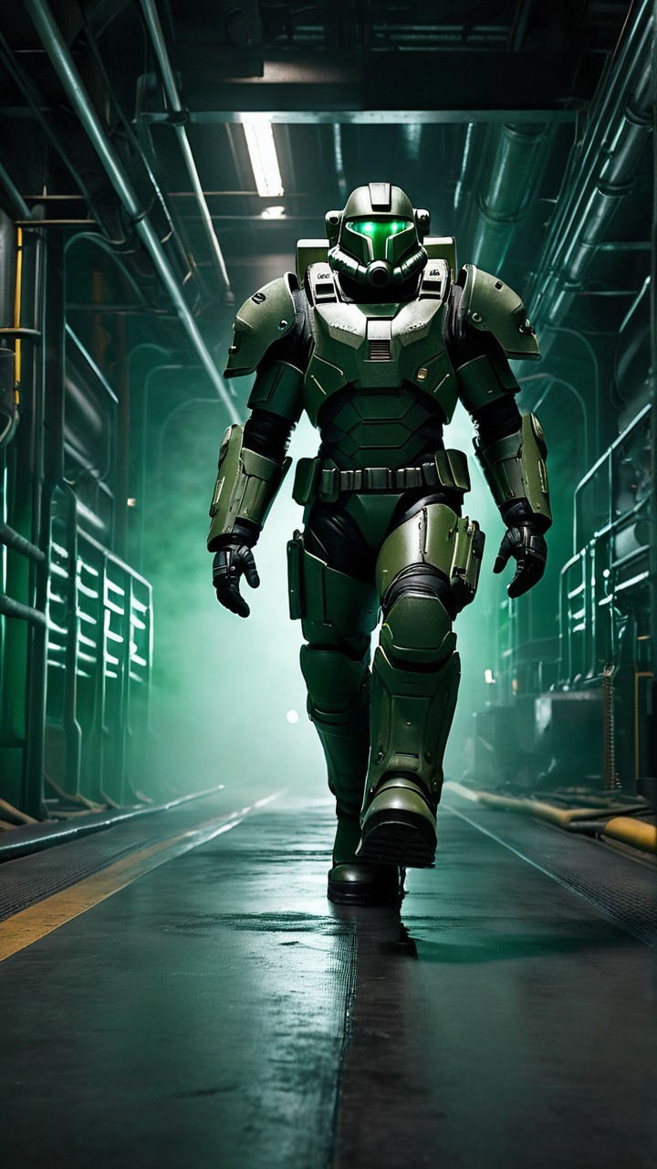 Futuristic Soldier in Green Mech Suit in Sci-Fi Corridor
