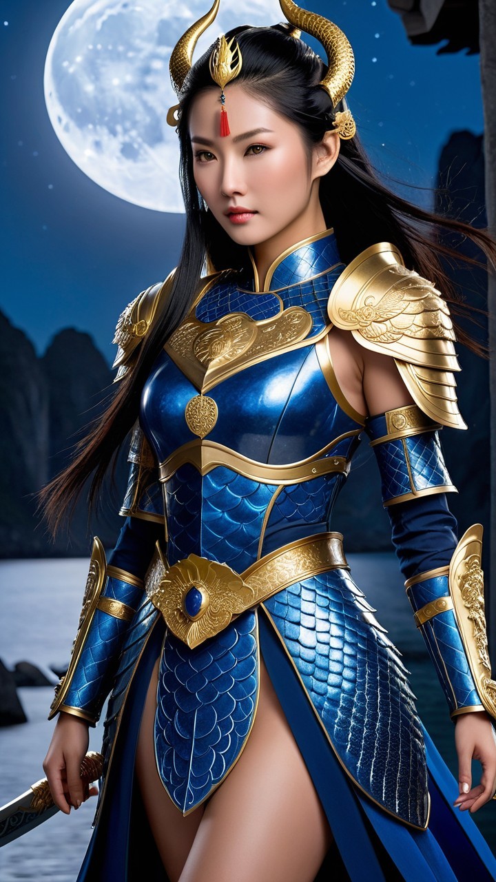 Warrior Woman in Blue and Gold Armor Under Moonlight
