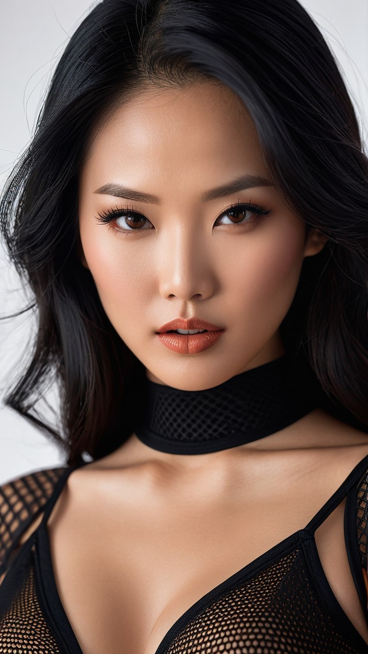 Portrait of an Asian woman with long wavy hair