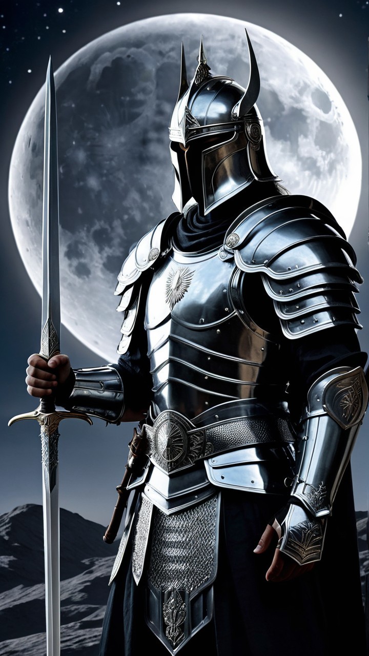 Warrior in Silver Armor Against Night Sky