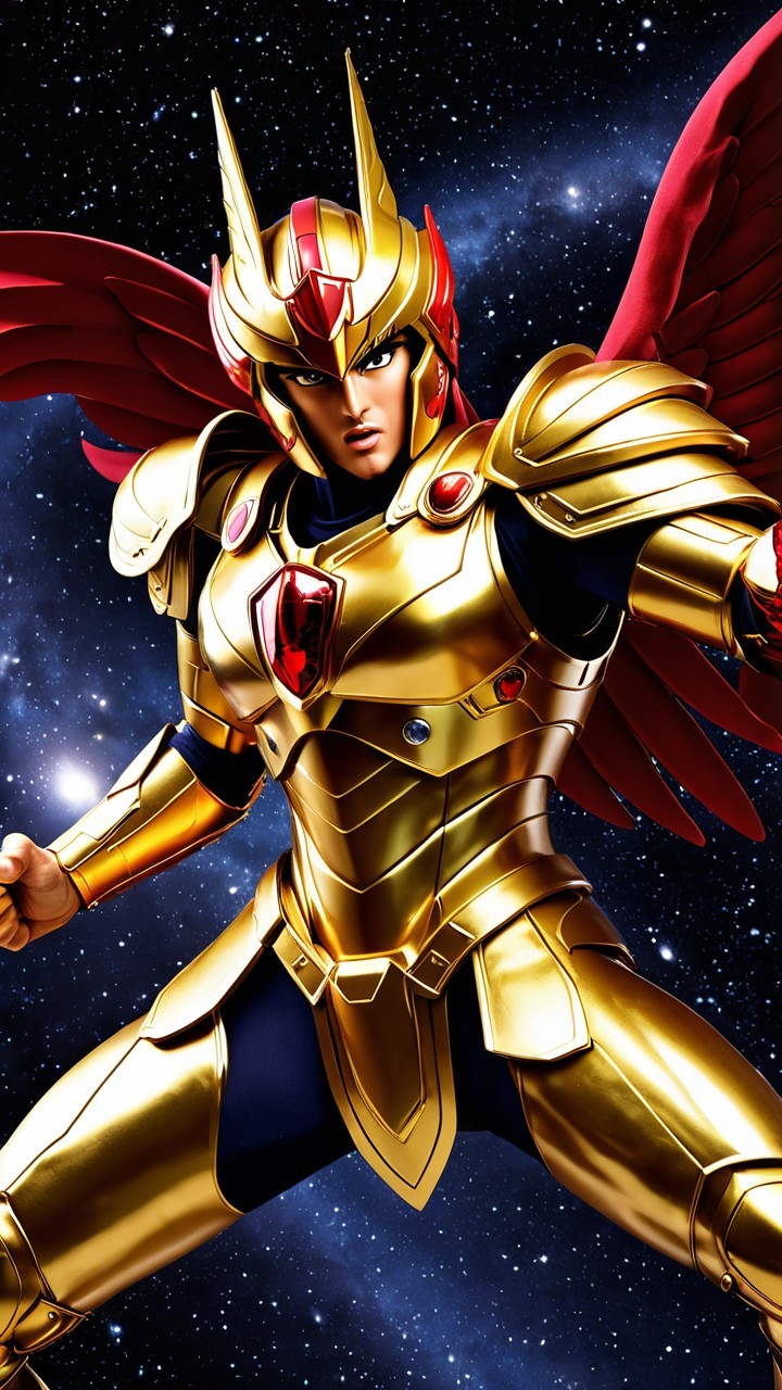 Majestic warrior in gold armor with red wings in galaxy