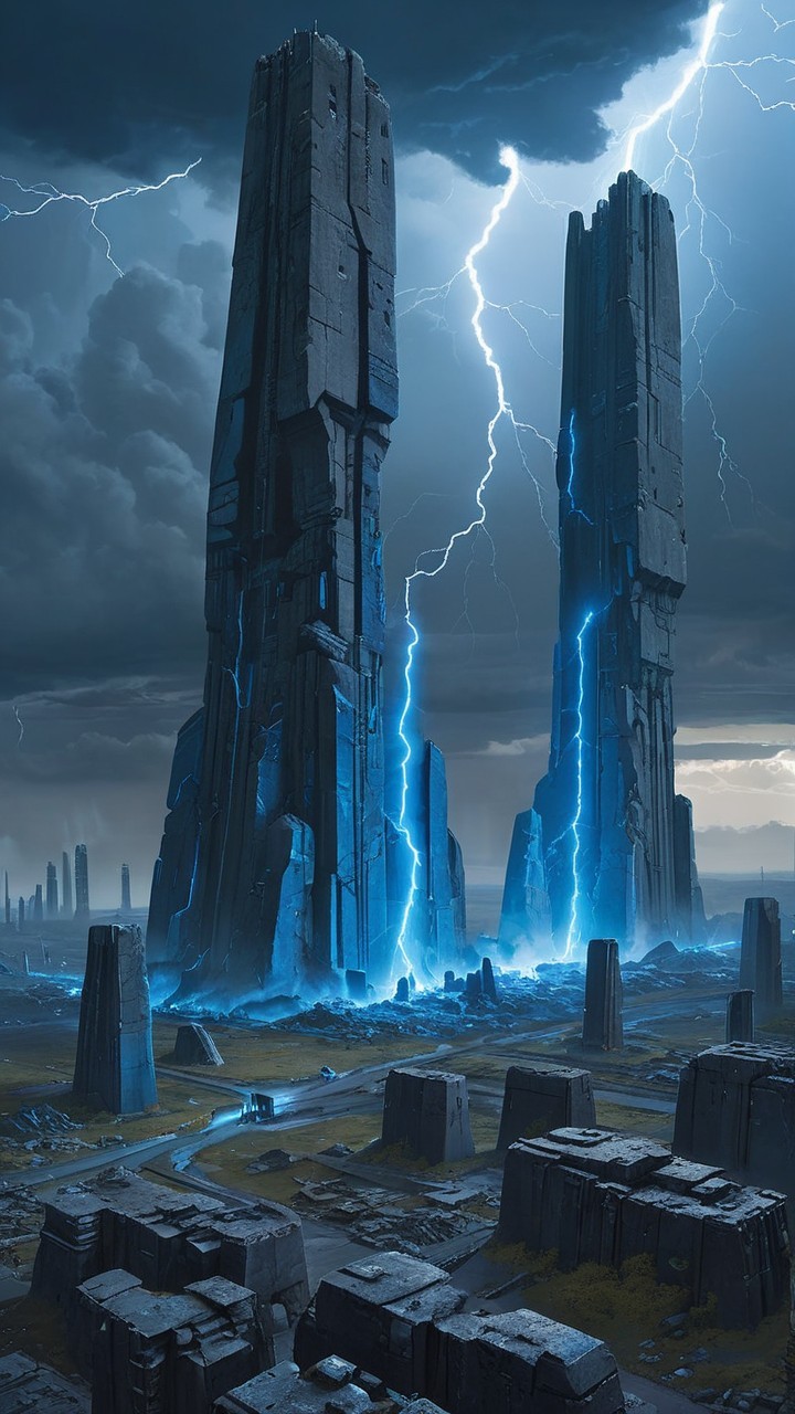 Dramatic Landscape with Monolithic Structures and Stormy Sky