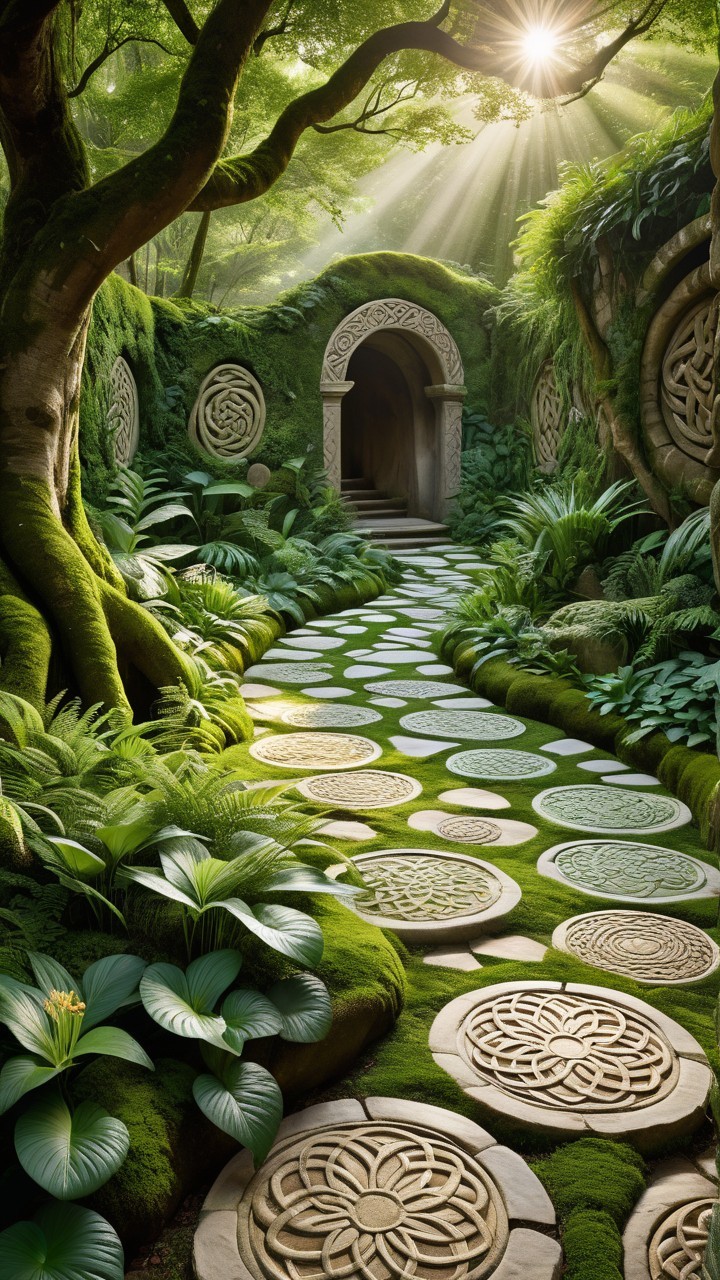 Serene Forest Pathway with Intricate Stone Walkway