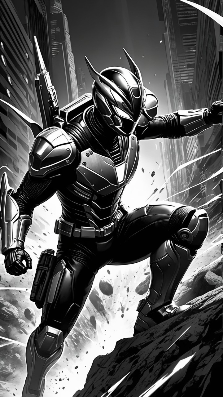 Armored superhero in dynamic cityscape pose