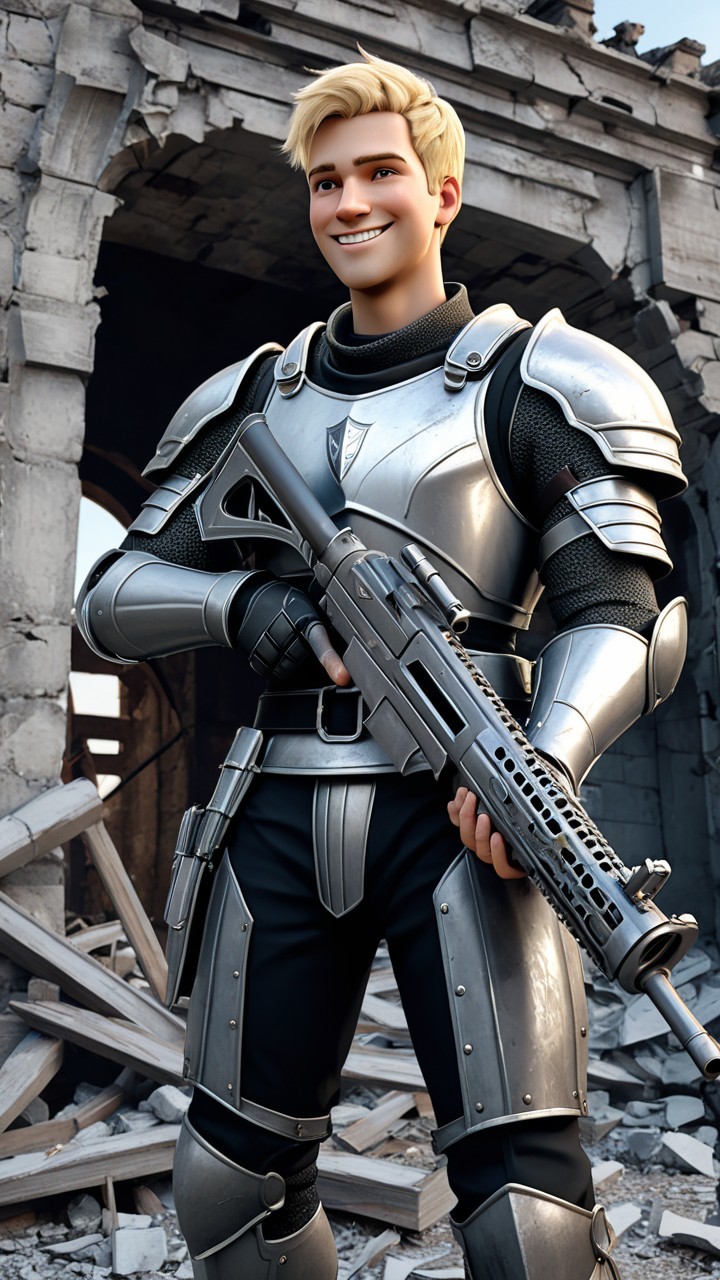 Animated Character in Silver Armor Among Ruins