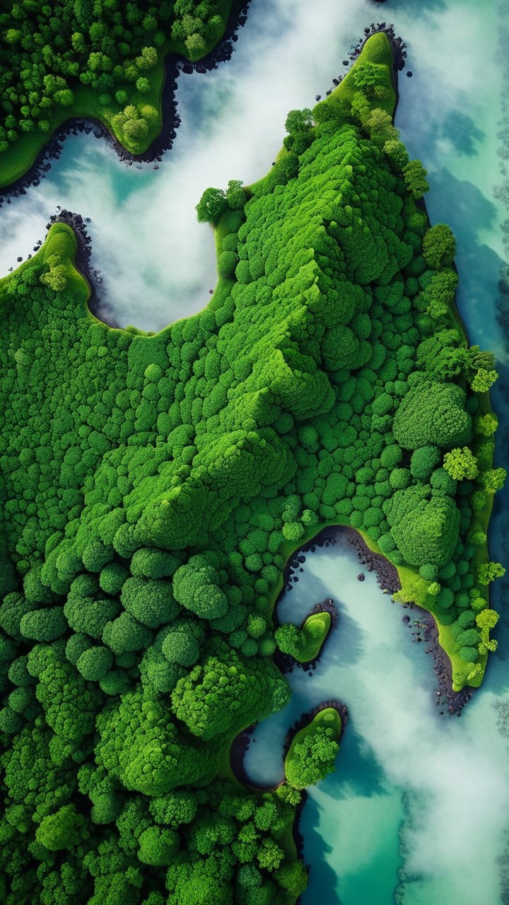 Aerial View of Lush Green Landscape and Blue Waters