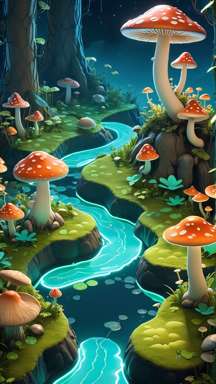 Enchanted forest with oversized mushrooms and glowing river