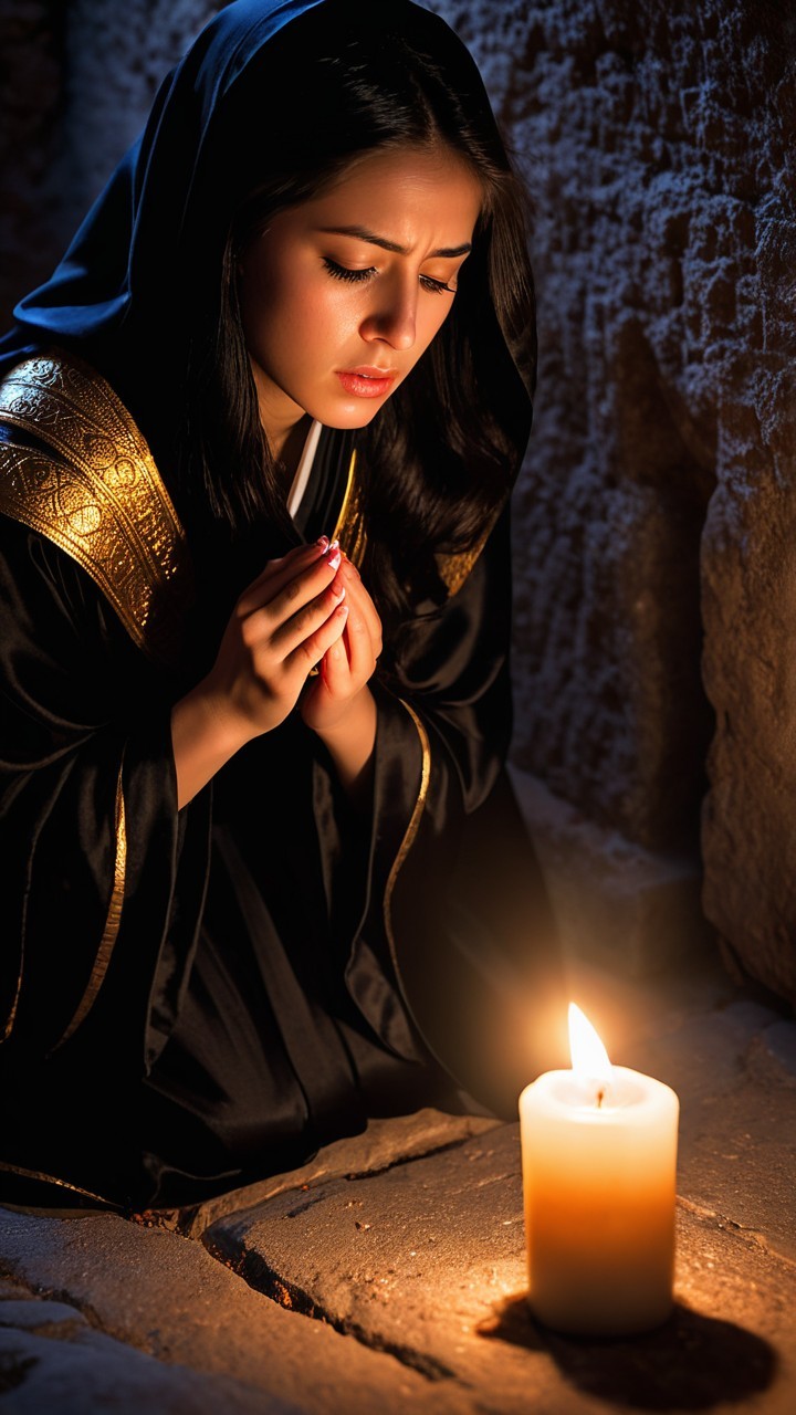 Young woman in black robe praying by candlelight