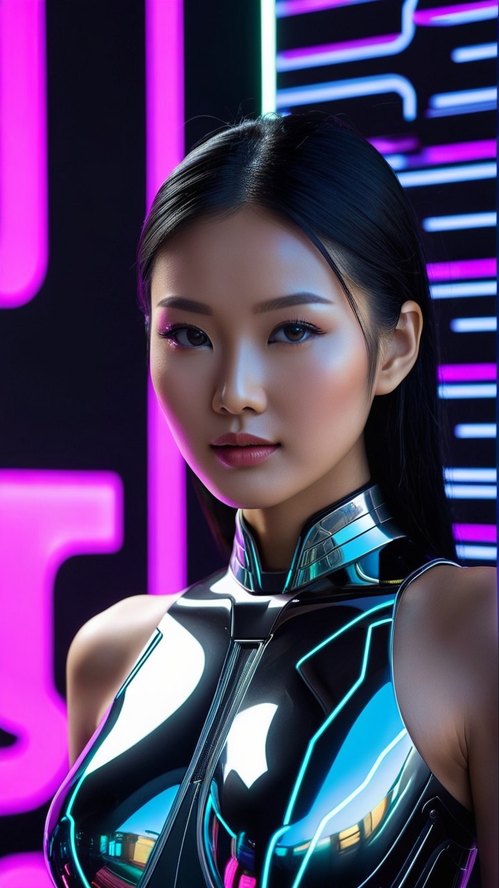 Futuristic Portrait of Young Woman in Neon Lights