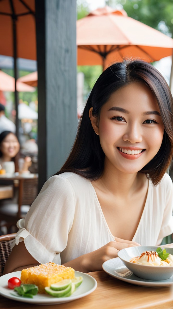 Young woman at outdoor café with desserts on table