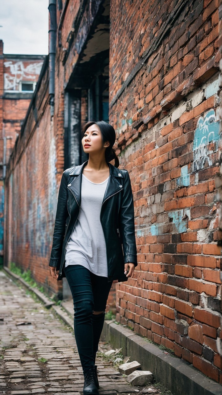 Young Woman in Alleyway with Graffiti and Brick Walls