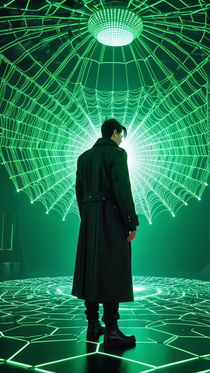 Futuristic Scene with Figure in Green Glow and Web Design