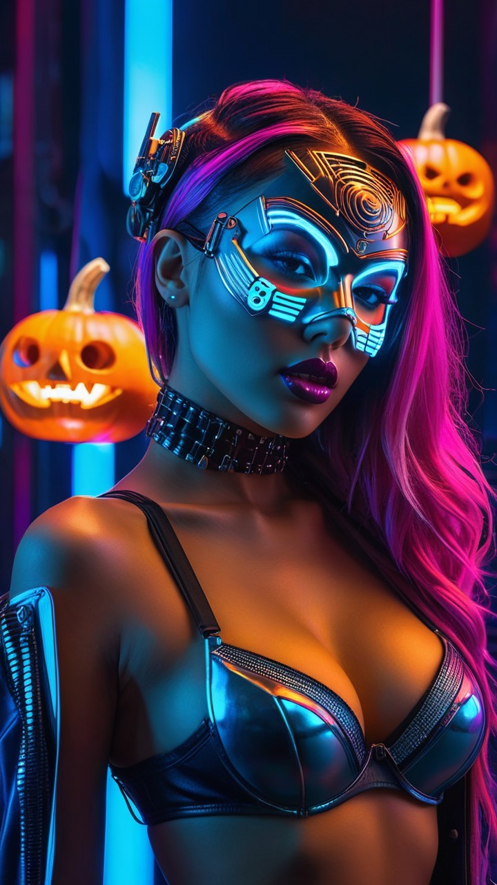 Futuristic Figure with Pink Hair in Neon Halloween Scene