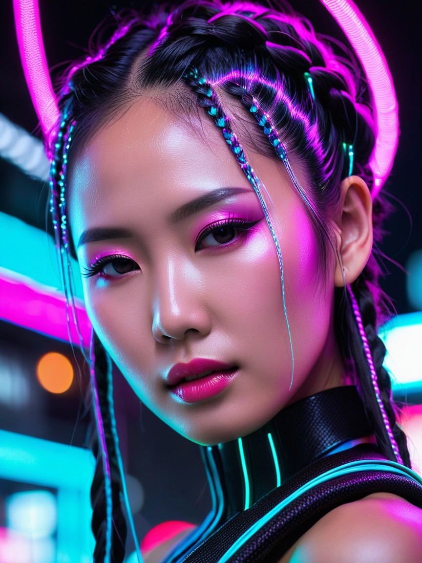 Futuristic Asian Woman with Neon Lights and Makeup