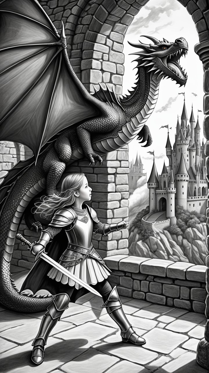 Young warrior with sword and dragon in black and white